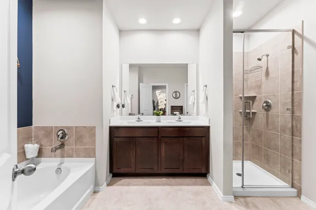 a bathroom with a bathtub shower sink and mirror