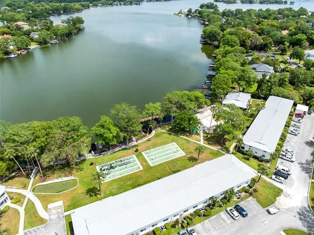 a view of a swimming pool with a bench and some plants