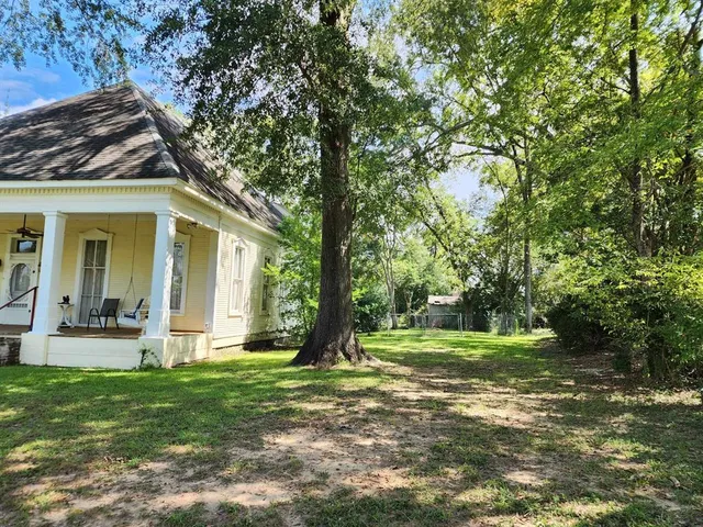 a view of a house with backyard and a tree