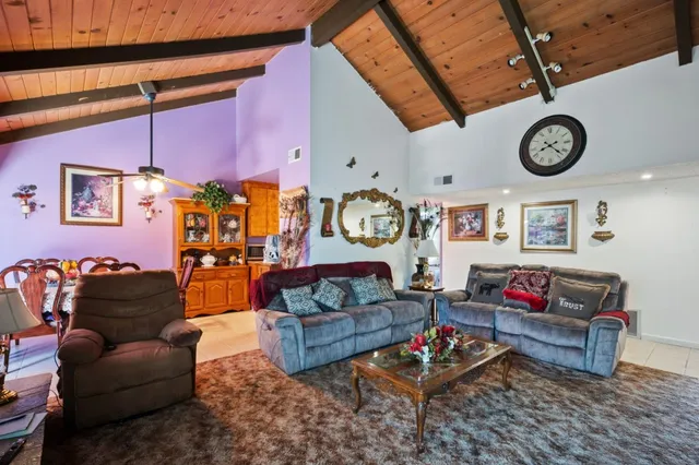 a living room with furniture a rug and a wall painting