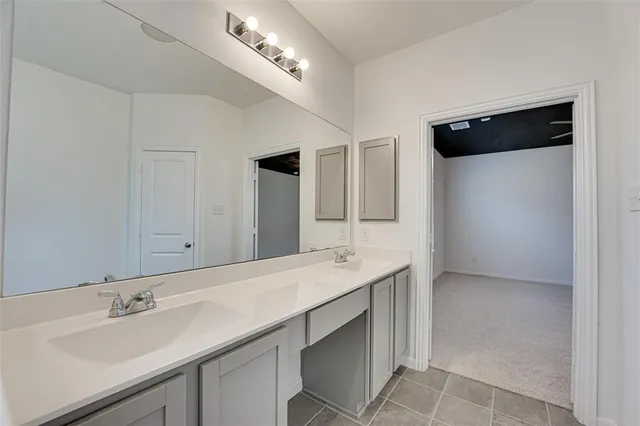 a bathroom with a sink double vanity and a mirror
