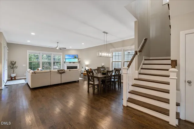a view of dining room with wooden floor