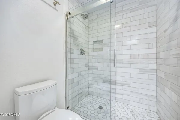 a bathroom with a shower and toilet