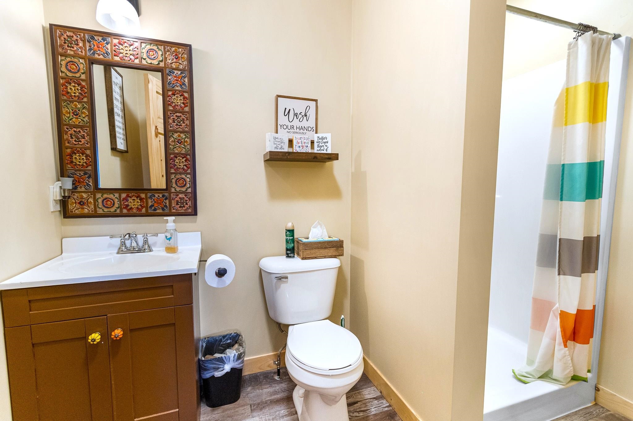 6014 Brown Road Kettle River, MN 55757 - Photo 29 of 54 Full bathroom featuring a shower stall, wood finished floors, and vanity