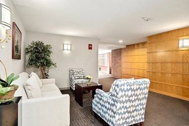 a living room with furniture and a potted plant