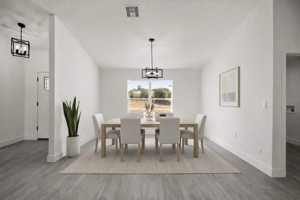 a dining room with furniture potted plants and wooden floor