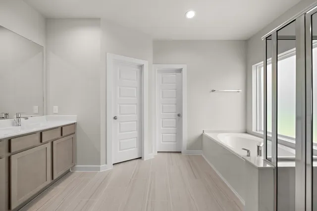 a bathroom with a tub sink and mirror