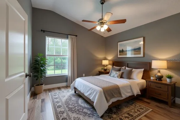 a bedroom with bed and a window