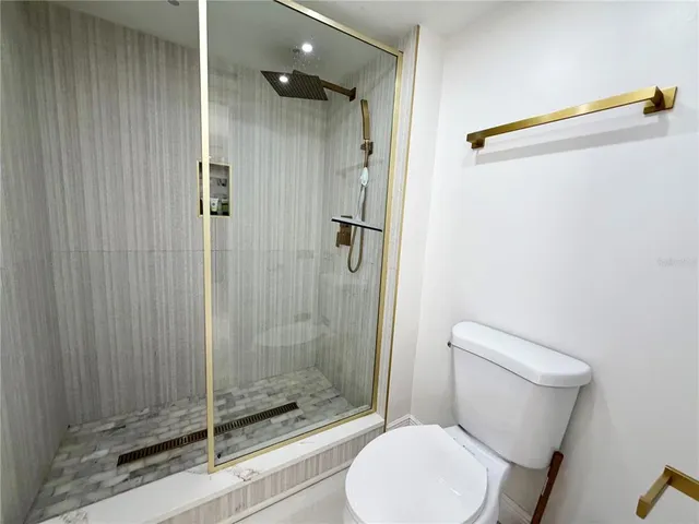 a bathroom with a toilet and a shower