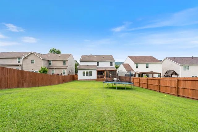 a view of a garden with a house in the background