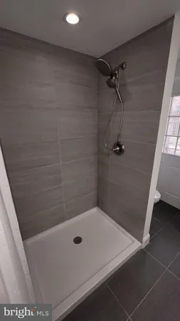 a bathroom with a shower and a toilet
