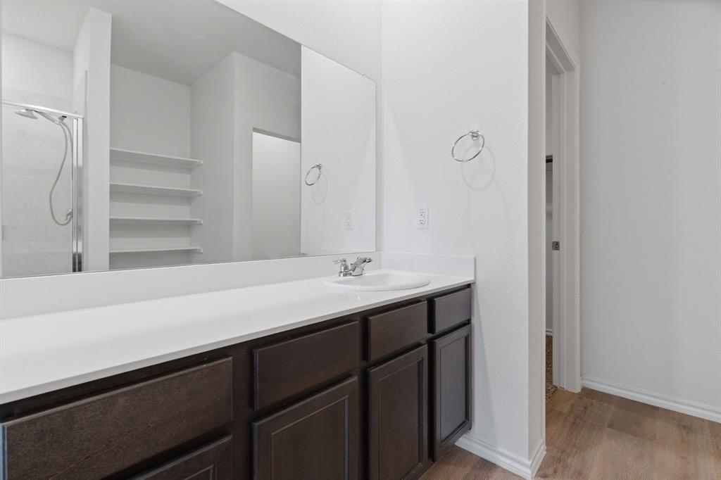 709 Primrose Lane Pilot Point, TX 76258 - Photo 22 of 35 Bathroom with vanity, a shower stall, and light wood-style floors