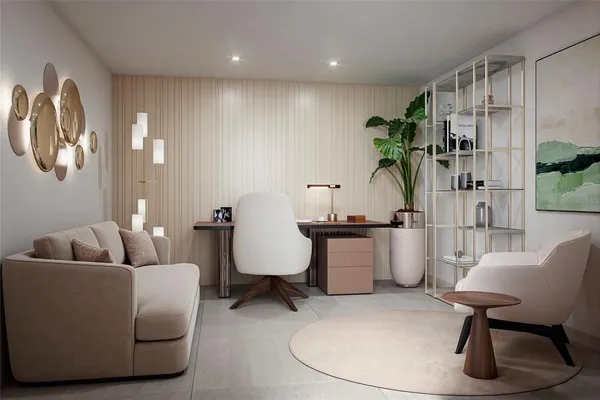 a living room with furniture and a potted plant