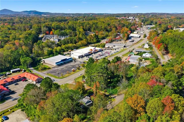 an aerial view of residential houses with outdoor space and trees