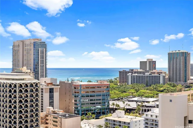 a city view with tall buildings