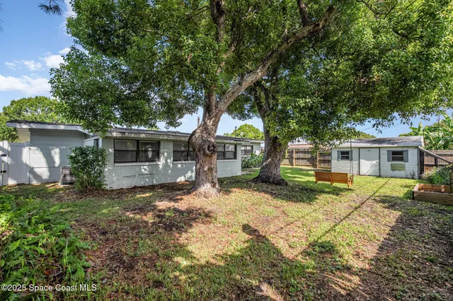 a view of a yard in front of a house with a large tree