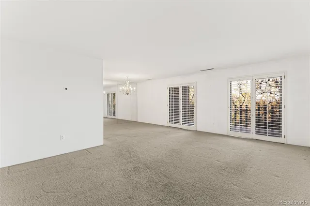 a view of a chandelier in a room