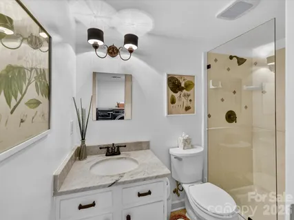a bathroom with a granite countertop sink mirror toilet and shower