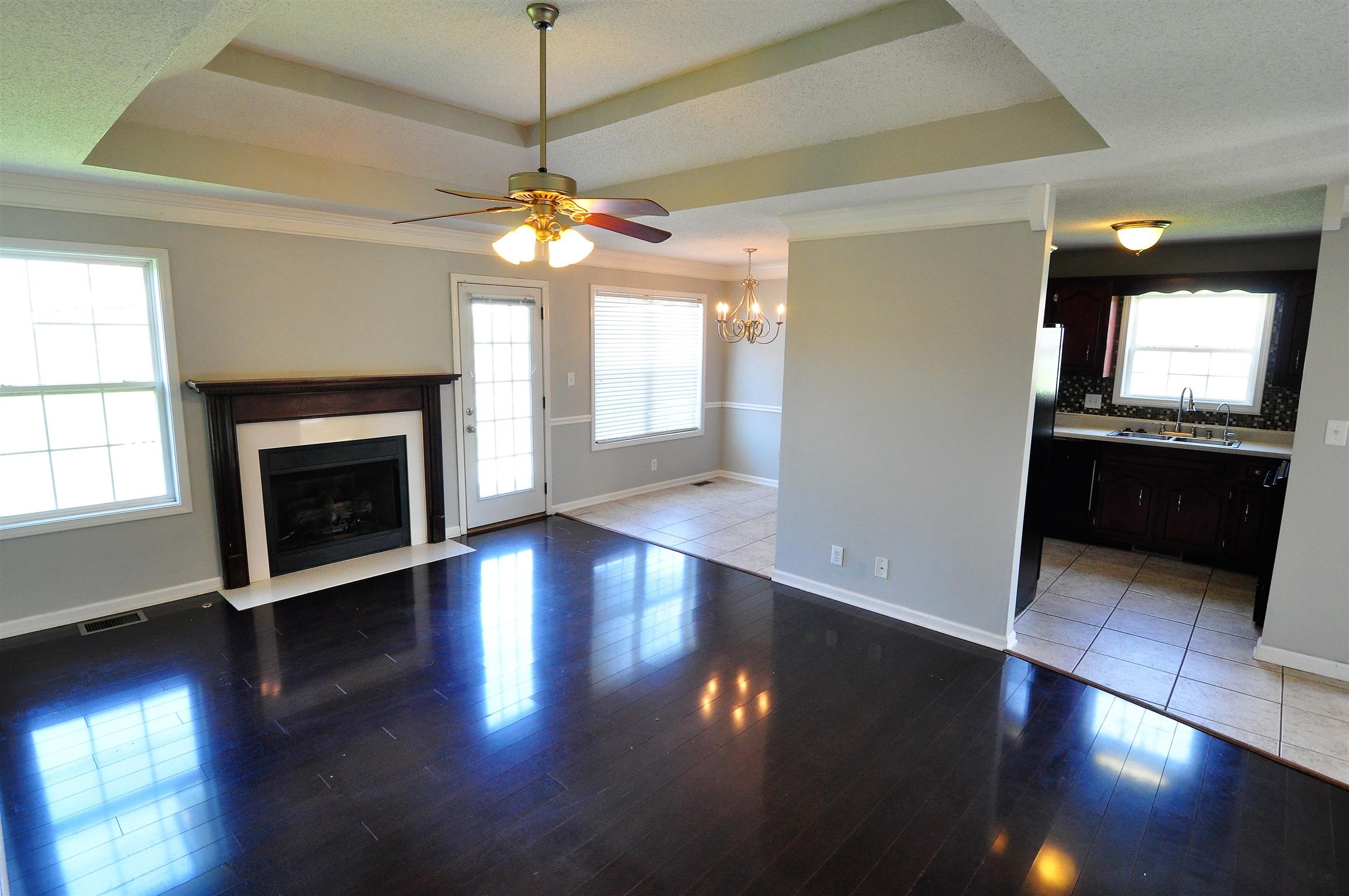 Living Room with Gas Fireplace, off of Kitchen