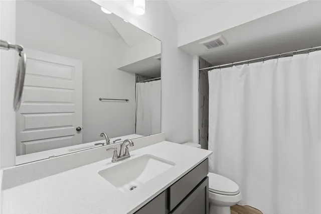 a bathroom with a sink a toilet a mirror and shower curtain