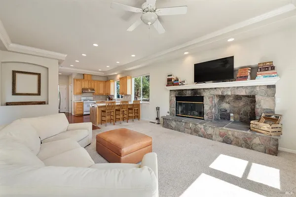 a living room with furniture a flat screen tv and a fireplace