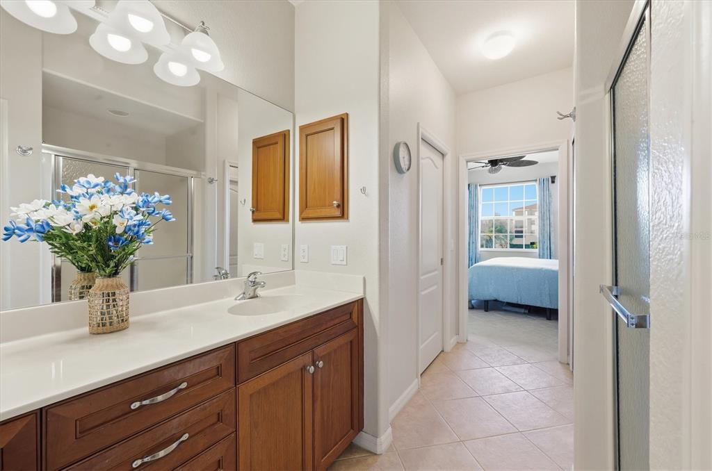 980 Cooper Street, Unit 201 Venice, FL 34285 - Photo 23 of 87 a bathroom with a sink a potted plant and a mirror