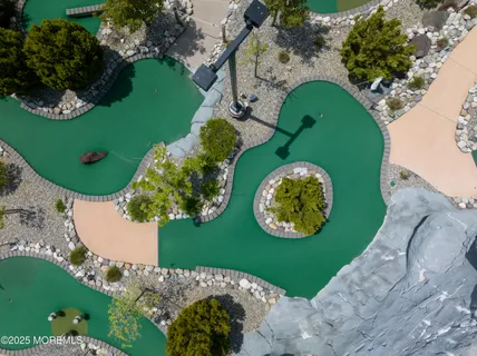 an aerial view of a swimming pool