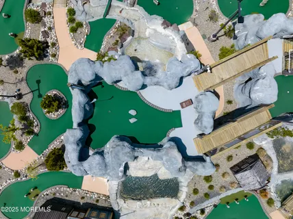 an aerial view of a swimming pool
