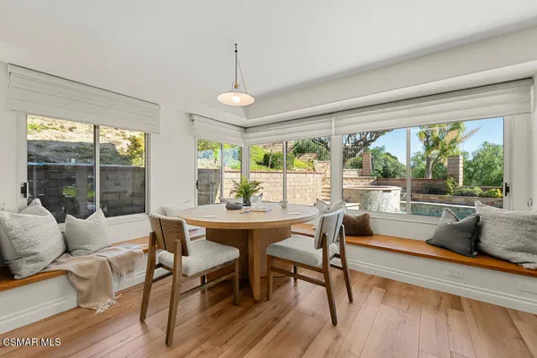 a view of a dining room with furniture window and wooden floor