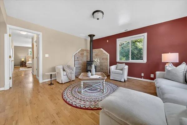 a living room with a couch and a table