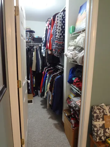 a view of walk in closet with clothes and shoes