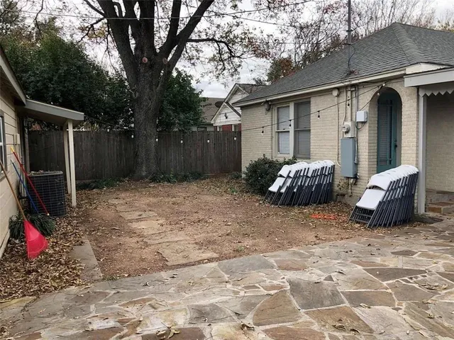 a view of a backyard with potted plants and a large tree