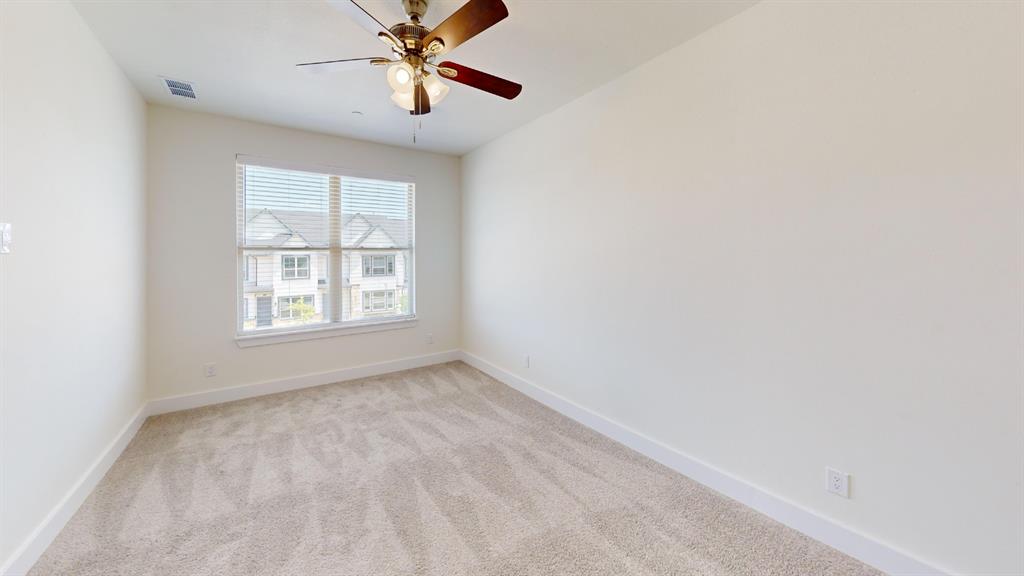 313 Buck Ridge Drive Frisco, TX 75068 - Photo 13 of 20 Carpeted room featuring a ceiling fan with integrated lighting, a window with horizontal blinds, and white baseboards