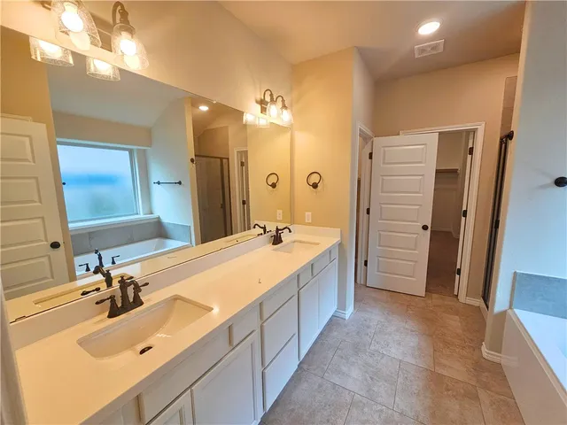 a bathroom with a tub sink double vanity and a mirror