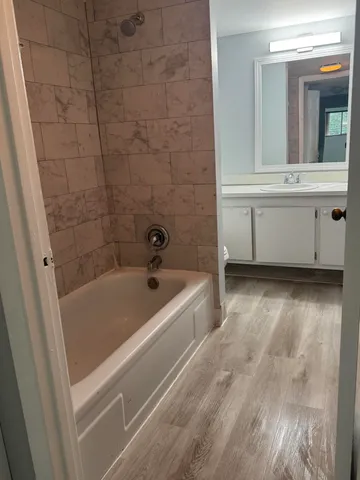 a bathroom with a bathtub and a sink