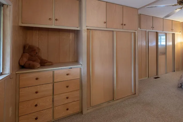 a view of cabinets and window