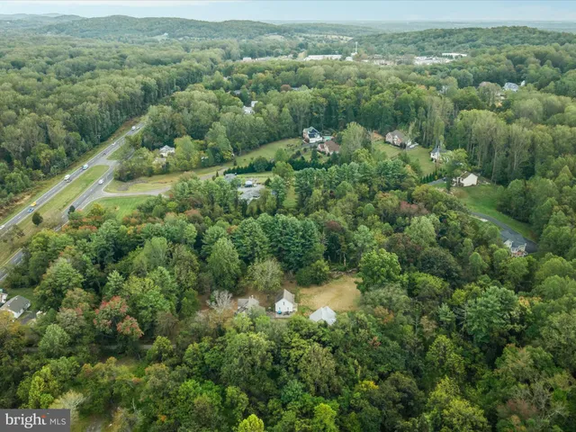 an aerial view of residential houses with outdoor space and trees
