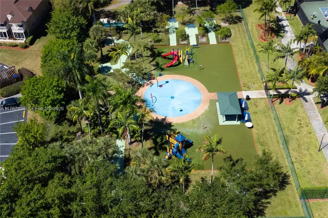 an aerial view of a swimming pool