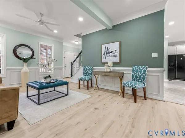 a view of a dining room with furniture