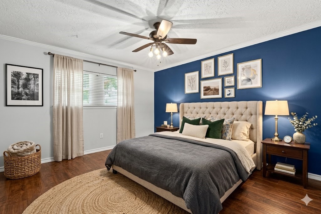 12910 Aste Lane Houston, TX 77065 - Photo 27 of 37 a bedroom with a bed and wooden floor
