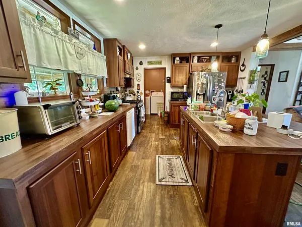 a kitchen with lots of counter top space