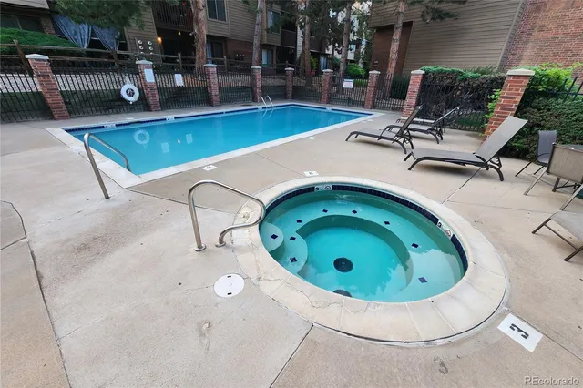 an aerial view of a swimming pool