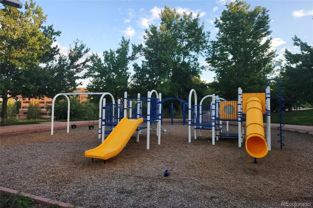 a view of a park with slide