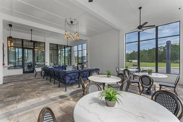 a view of a dining room with furniture window and outside view