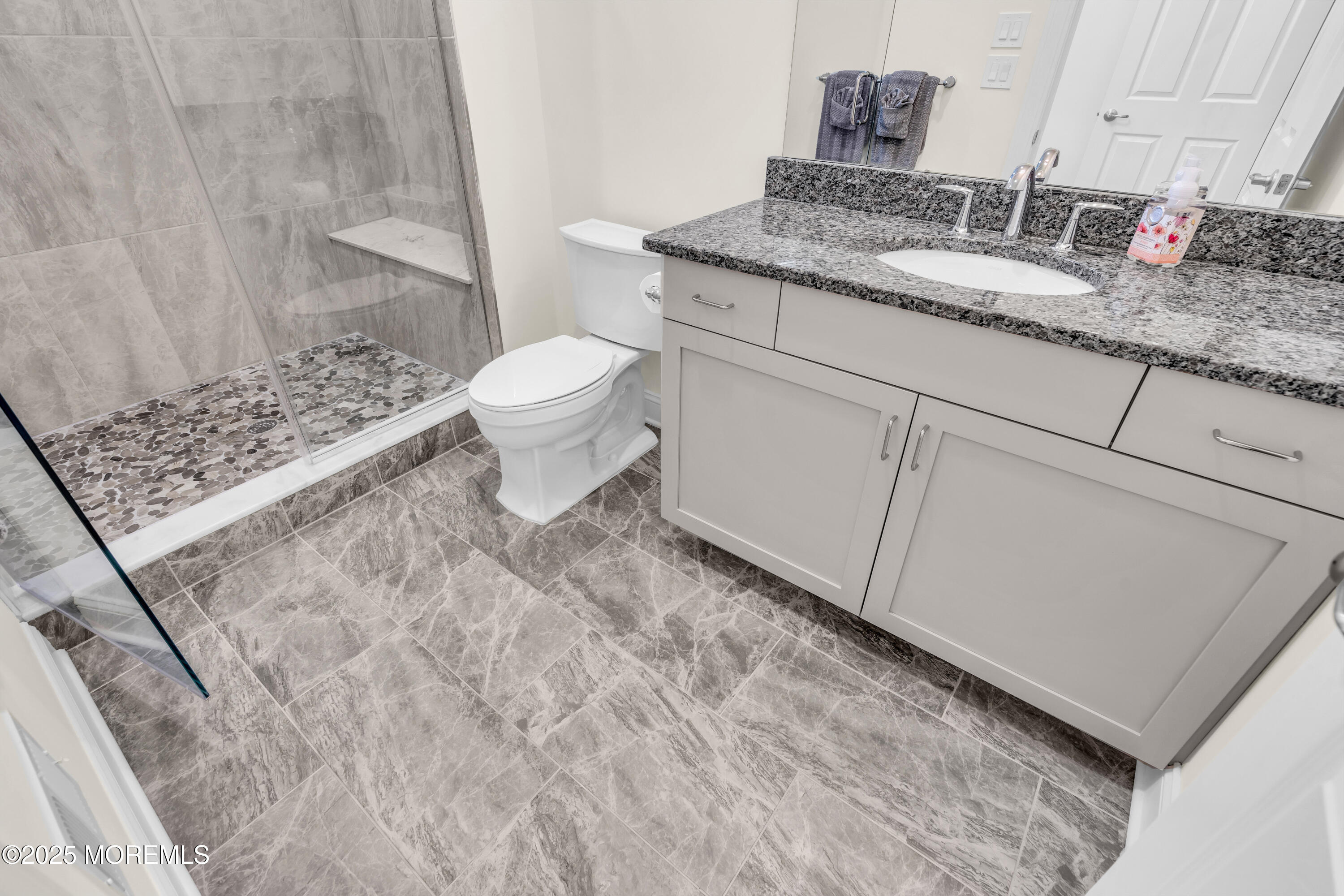 65 Moonlight Drive Barnegat, NJ 08005 - Photo 31 of 68 a bathroom with a granite countertop sink a toilet and a shower