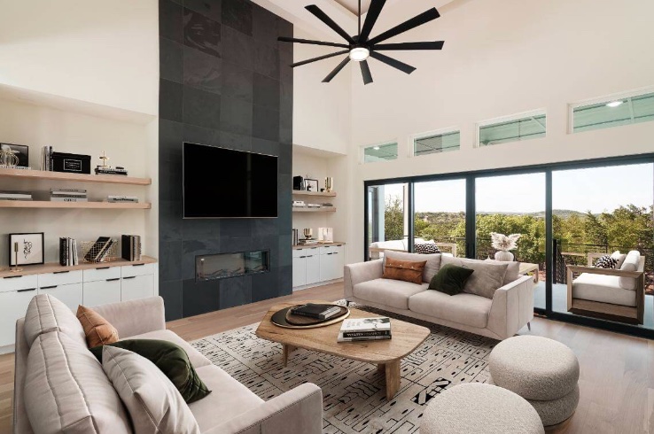 a living room with furniture a flat screen tv and a large window