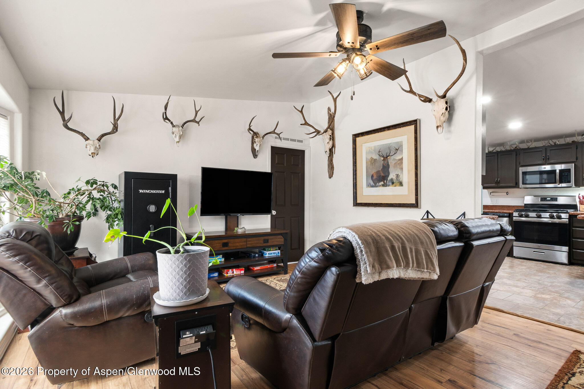 106 Cedar Circle Parachute, CO 81635 - Photo 5 of 35 a living room with furniture a flat screen tv and a fireplace