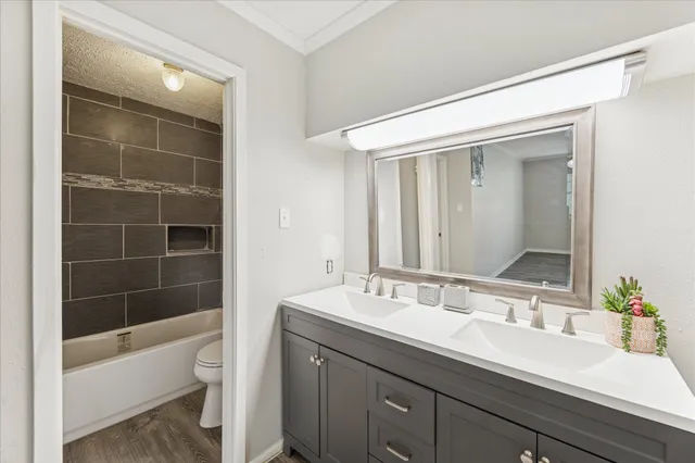 a bathroom with a bathtub shower sink vanity and toilet