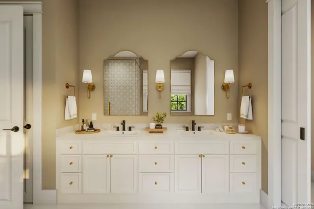 a bathroom with double sink and a mirror