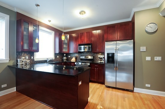 2038 West Iowa Street, Unit 2W Chicago, IL 60622 - Photo 3 of 11 a kitchen with stainless steel appliances granite countertop a refrigerator a sink a stove with wooden cabinets